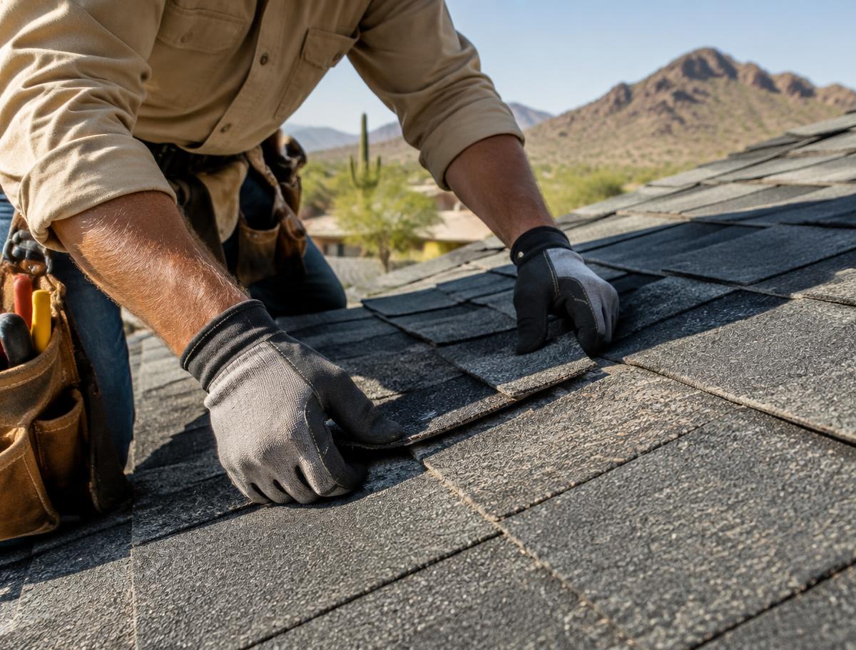 Illustrative photograph of a roofer installing new asphalt shingles